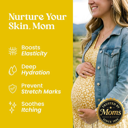 Pregnant woman in a yellow dress with a denim jacket, surrounded by text about skincare benefits on a yellow background.