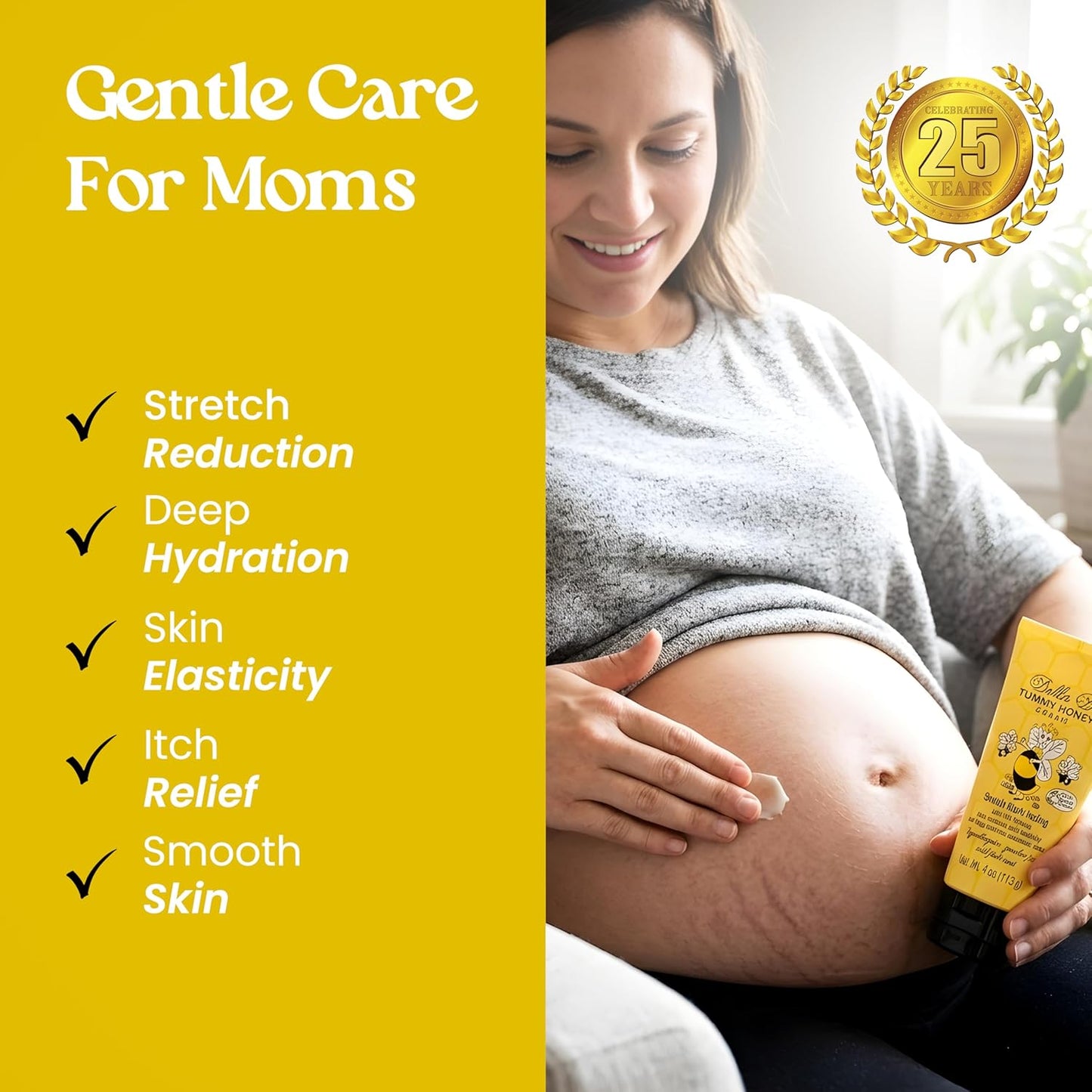 Pregnant woman applying cream to her belly with a yellow background and text about gentle care for moms.
