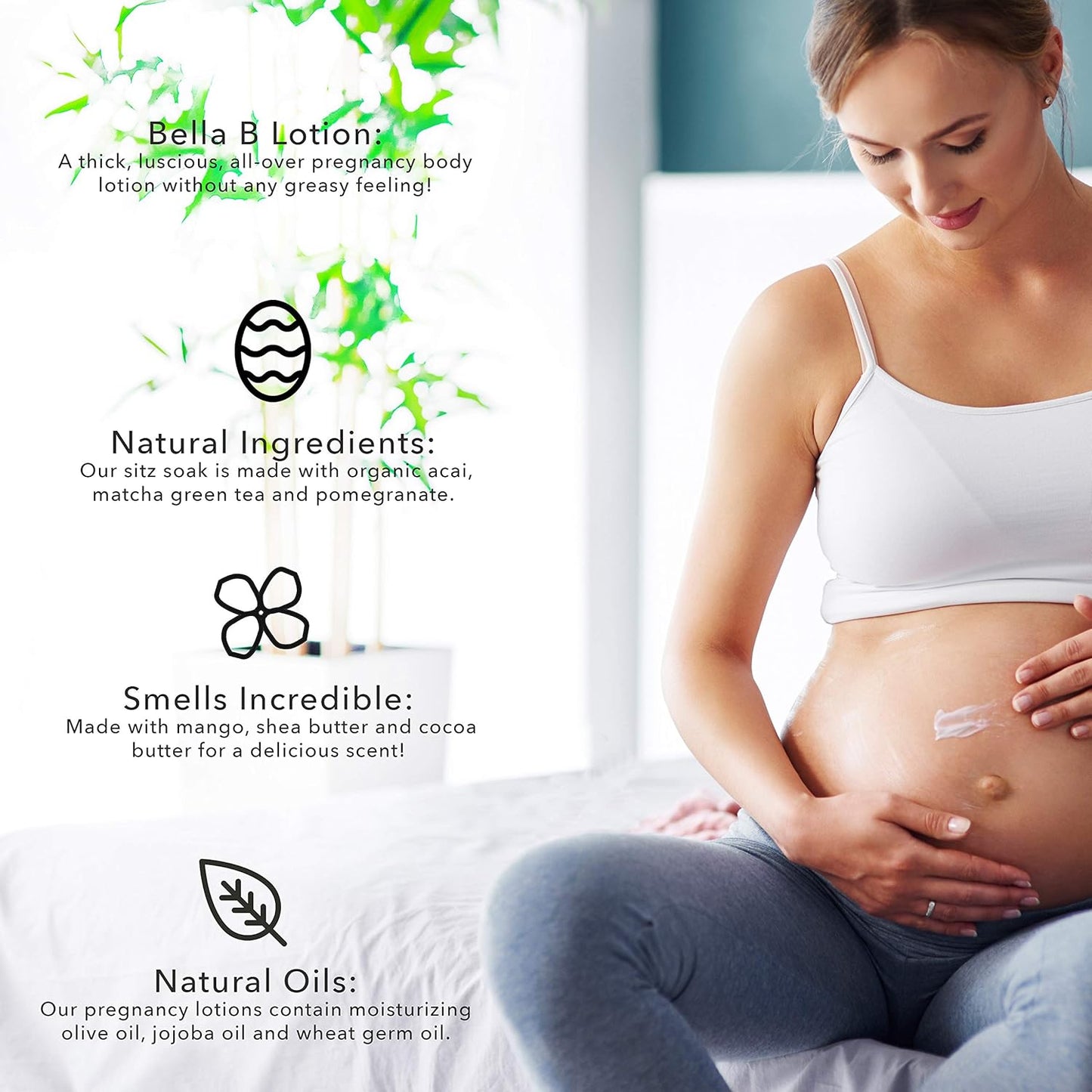 Pregnant woman holding her belly with product information about Bella B Lotion on the left.