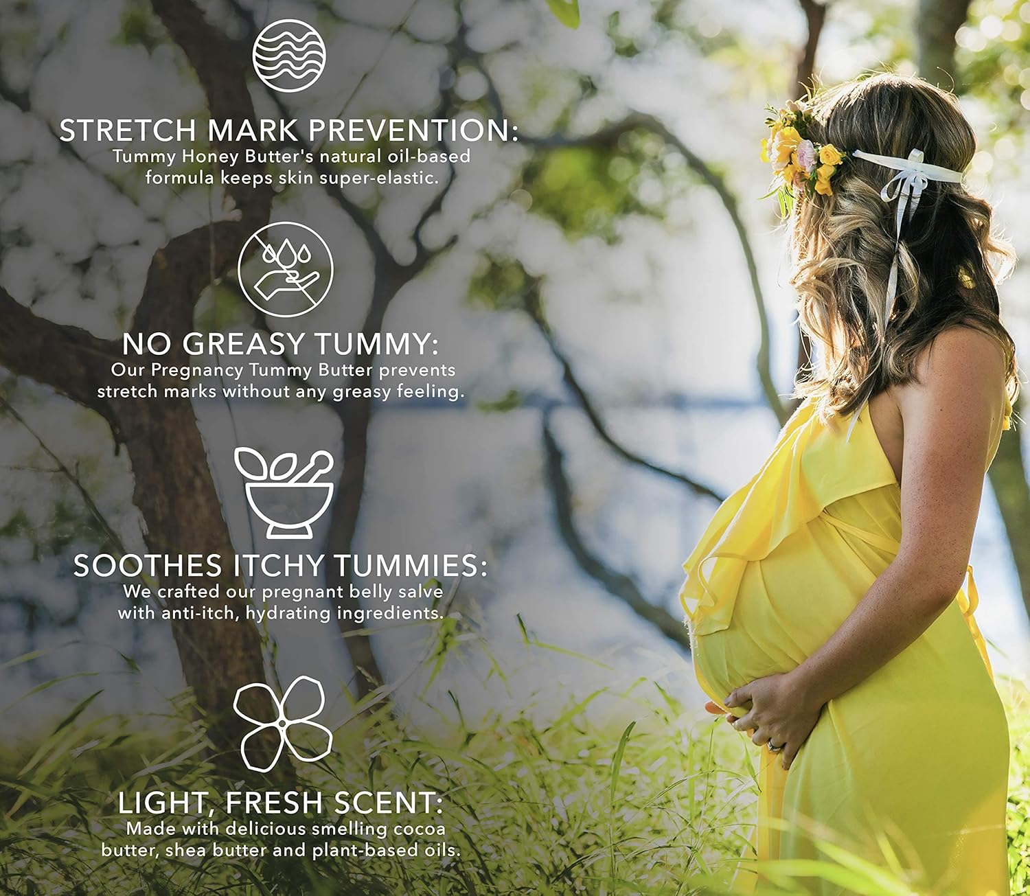 Pregnant woman in a yellow dress standing outdoors with text about stretch mark prevention.