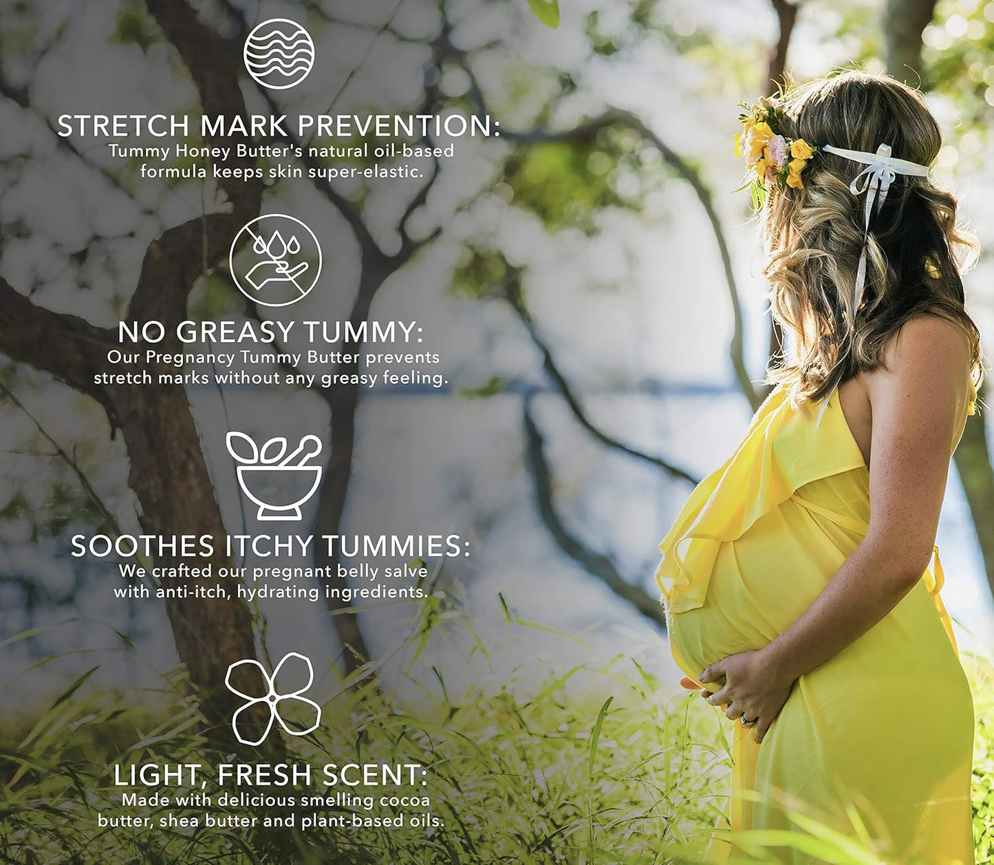 Pregnant woman in a yellow dress standing outdoors with text about stretch mark prevention.