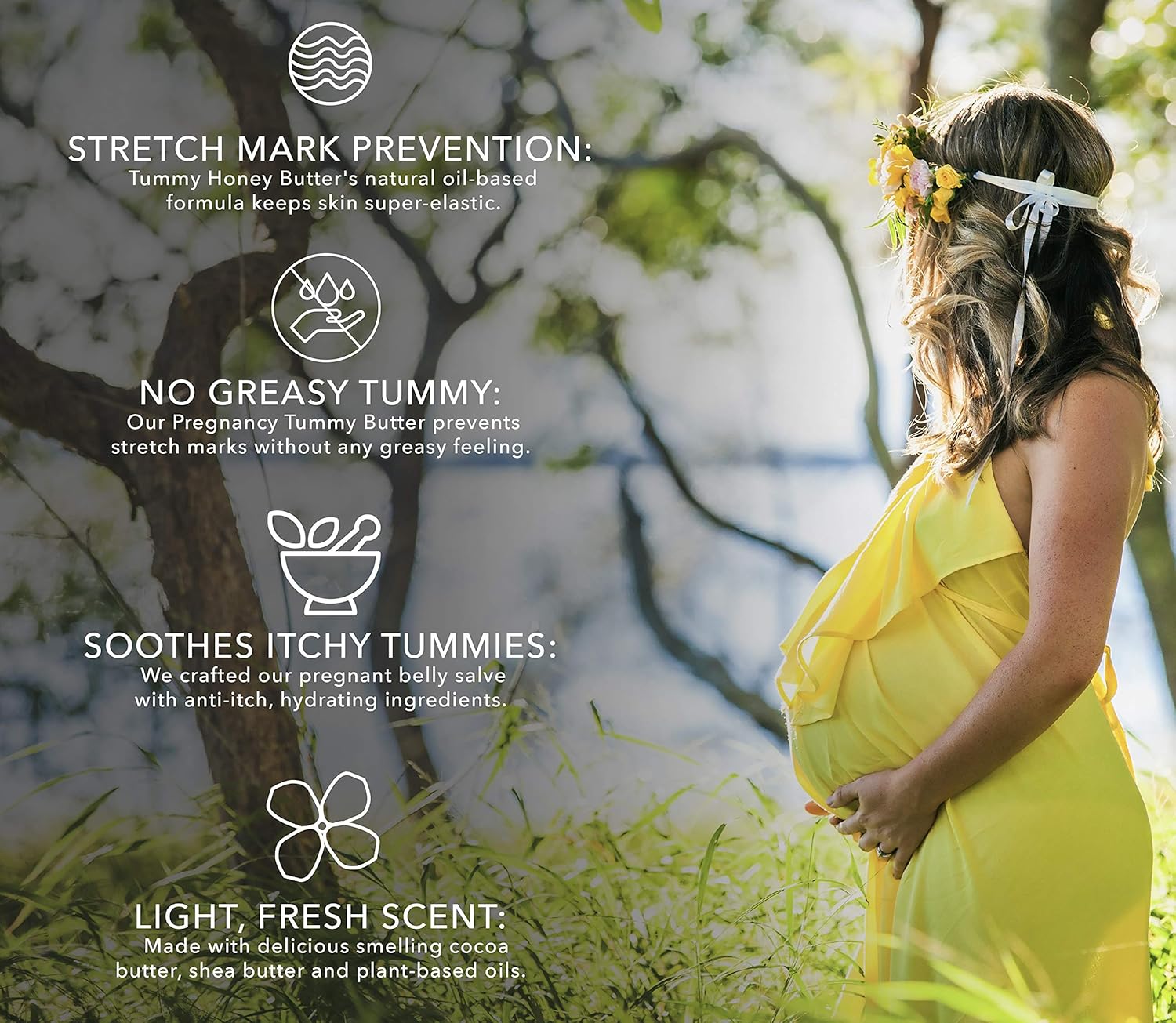 Pregnant woman in a yellow dress standing outdoors with text about stretch mark prevention.