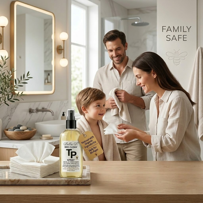 A_family_in_a_bright_bathroom_environment_showcasing_Bella_B_Bee_Clean_TP_Spray_as_a_safe_and_organic_hygiene_solution_for_parents_and_children.