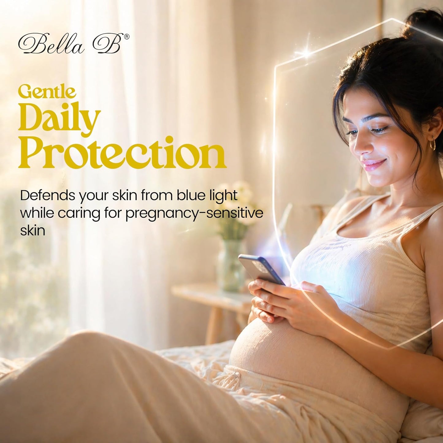 Pregnant woman using a phone with Bella B skincare product advertisement.