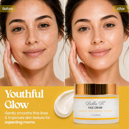 Before and after comparison of a woman's face with Bella B Face Cream on a yellow background.