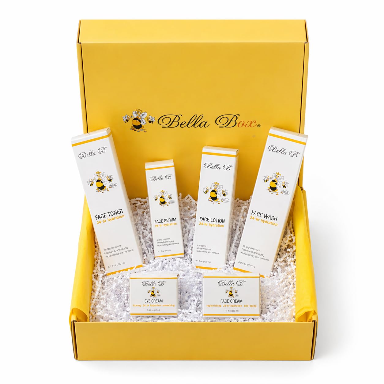 Bella Box skincare product set with various skincare items in a yellow box.