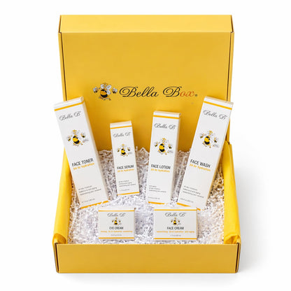 Bella Box skincare product set with various skincare items in a yellow box.