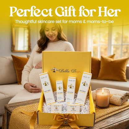Bella Bello skincare set for moms and moms-to-be with a pregnant woman in the background.