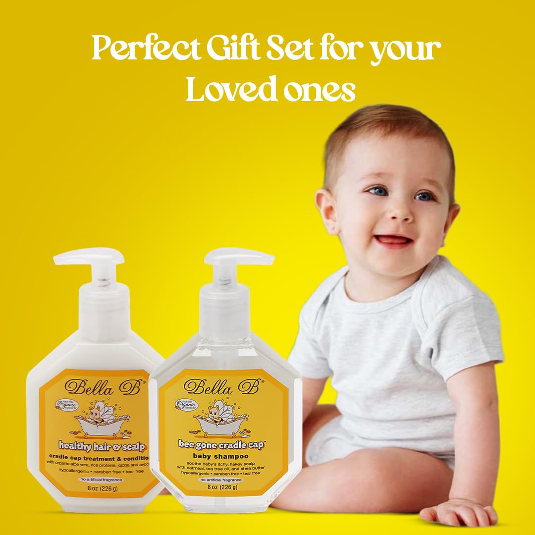 Two bottles of Bella B baby products with a smiling baby 