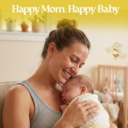Woman holding a baby with text 'Happy Mom, Happy Baby' in a home setting.