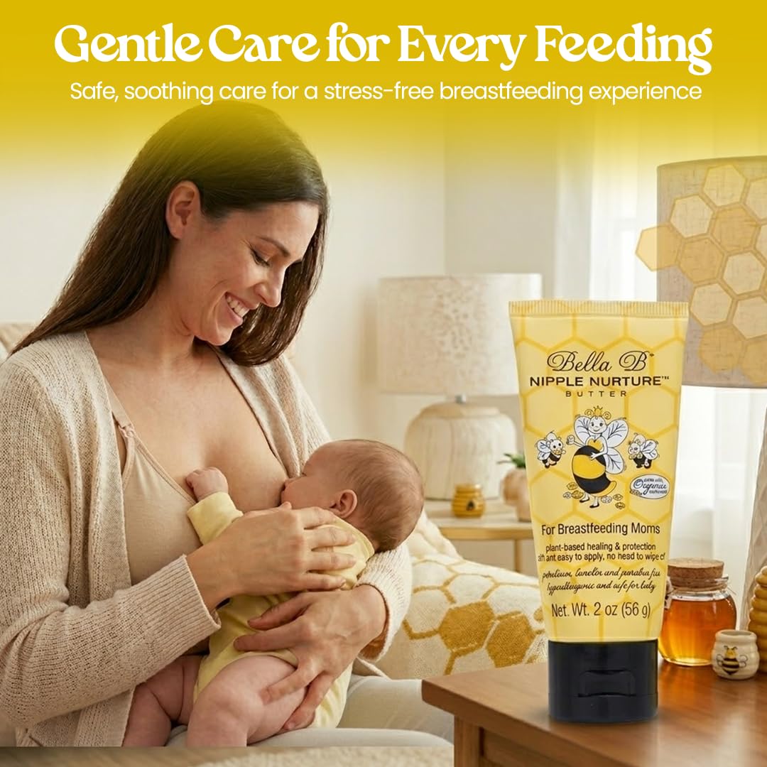 Woman breastfeeding a baby with Bella B Nipple Nurture Butter on a table next to her.