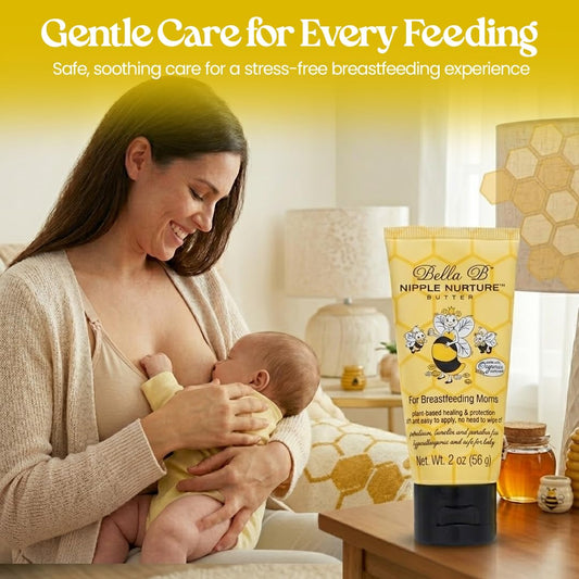 Woman breastfeeding a baby with Bella B Nipple Nurture Butter on a table next to her.