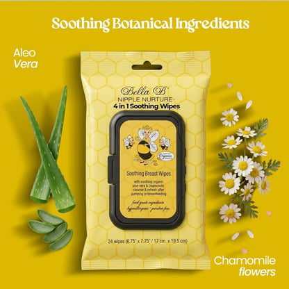Bella B nipple nurture wipes packaging with aloe vera and chamomile flowers on a yellow background