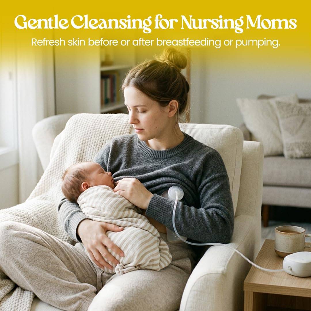 Woman breastfeeding a baby in a cozy living room with text about gentle cleansing for nursing moms.
