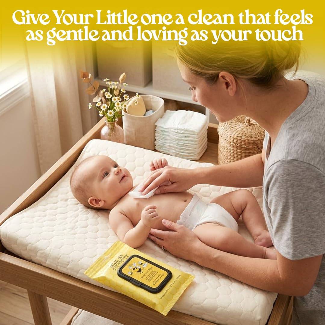 Woman applying lotion to a baby on a changing table with text about gentle care.
