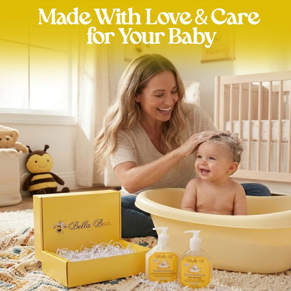 Woman bathing a baby with Bella Baa products in a home setting