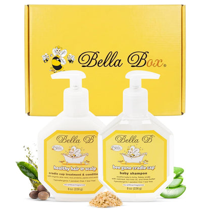 Bella Box baby care product set with two bottles and a yellow box in the background.