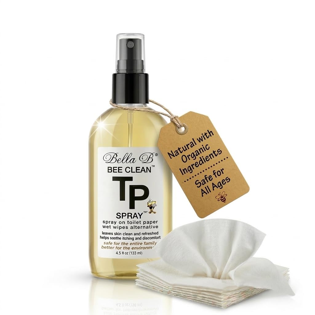 Bella_B_Bee_Clean_TP_Spray_bottle_featuring_a_product_tag_for_natural_and_organic_ingredients_displayed_next_to_a_stack_of_soft_toilet_paper_on_a_clean_white_background