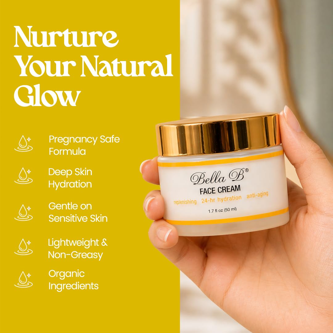 Hand holding a jar of Bella B Face Cream with product features listed on a yellow background