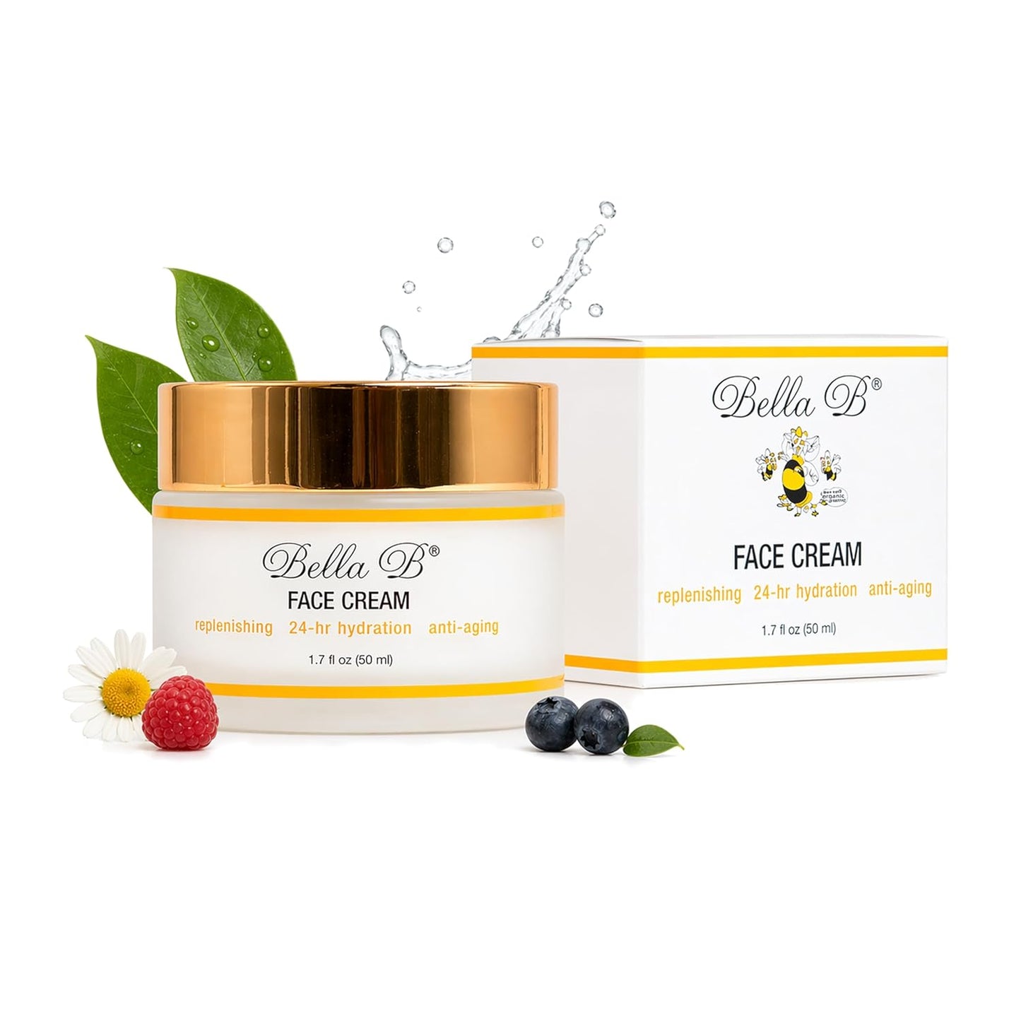 Bella B face cream jar and packaging on a white background with green leaves and berries.