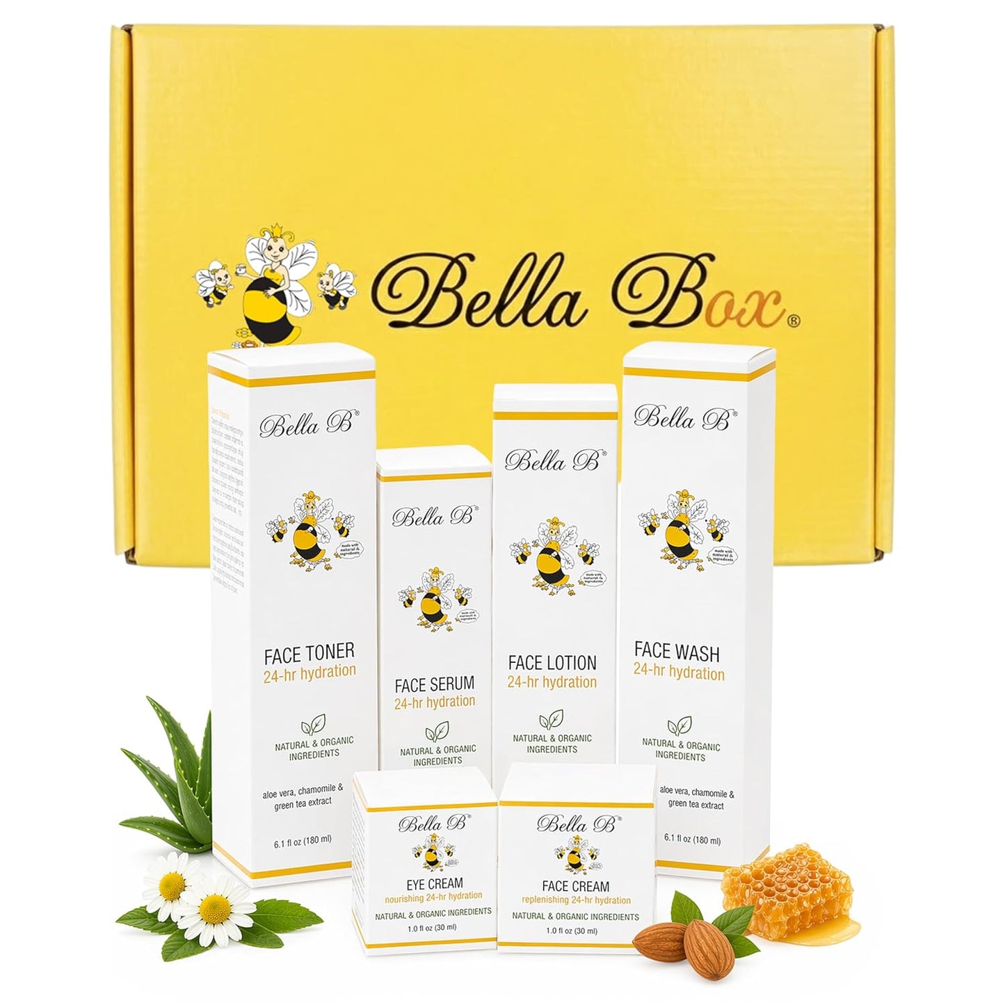 Bella Box skincare product set with various skincare items in front of a yellow box.