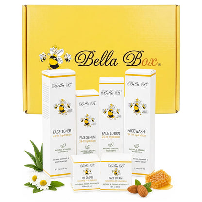 Bella Box skincare product set with various skincare items in front of a yellow box.