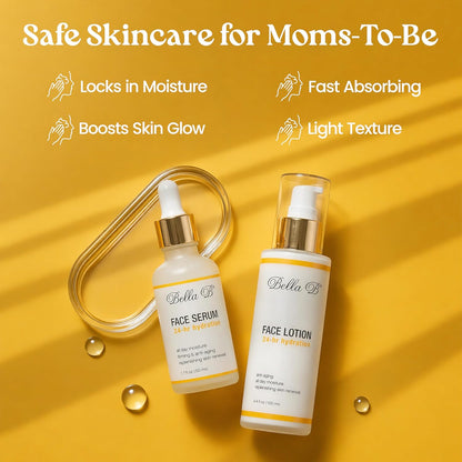 Bella B face serum and lotion on a yellow background with product features listed.
