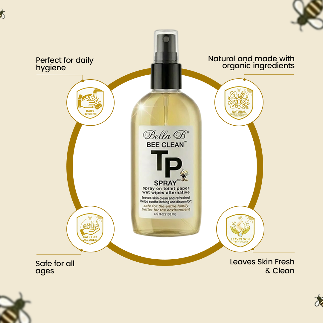 Feature_breakdown_for_Bella_B_Bee_Clean_TP_Spray_showing_its_use_for_daily_hygiene_organic_ingredients_safety_for_all_ages_and_skin-cleansing_benefits.