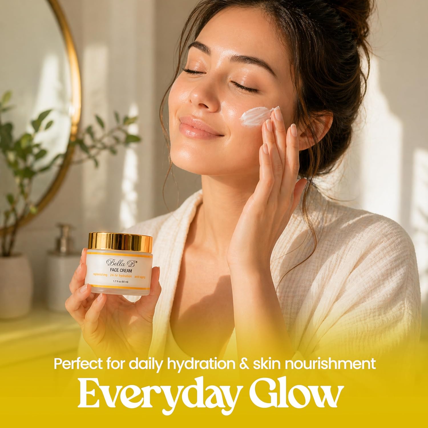 Woman applying cream to her face with a jar of cream in a bright room.