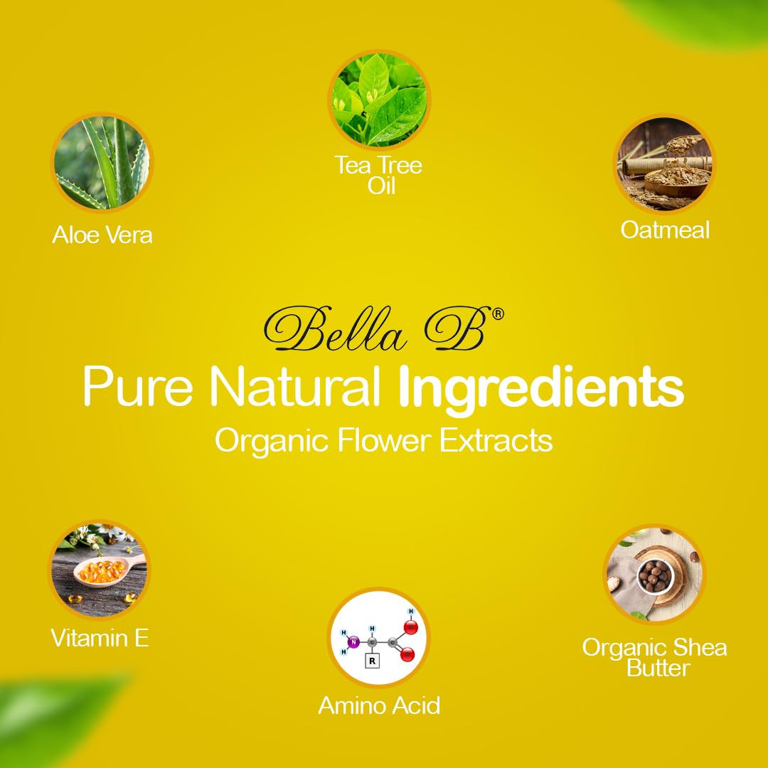Bella B Pure Natural Ingredients packaging with images of aloe vera, tea tree oil, oatmeal, vitamin E, amino acid, and organic shea butter 
