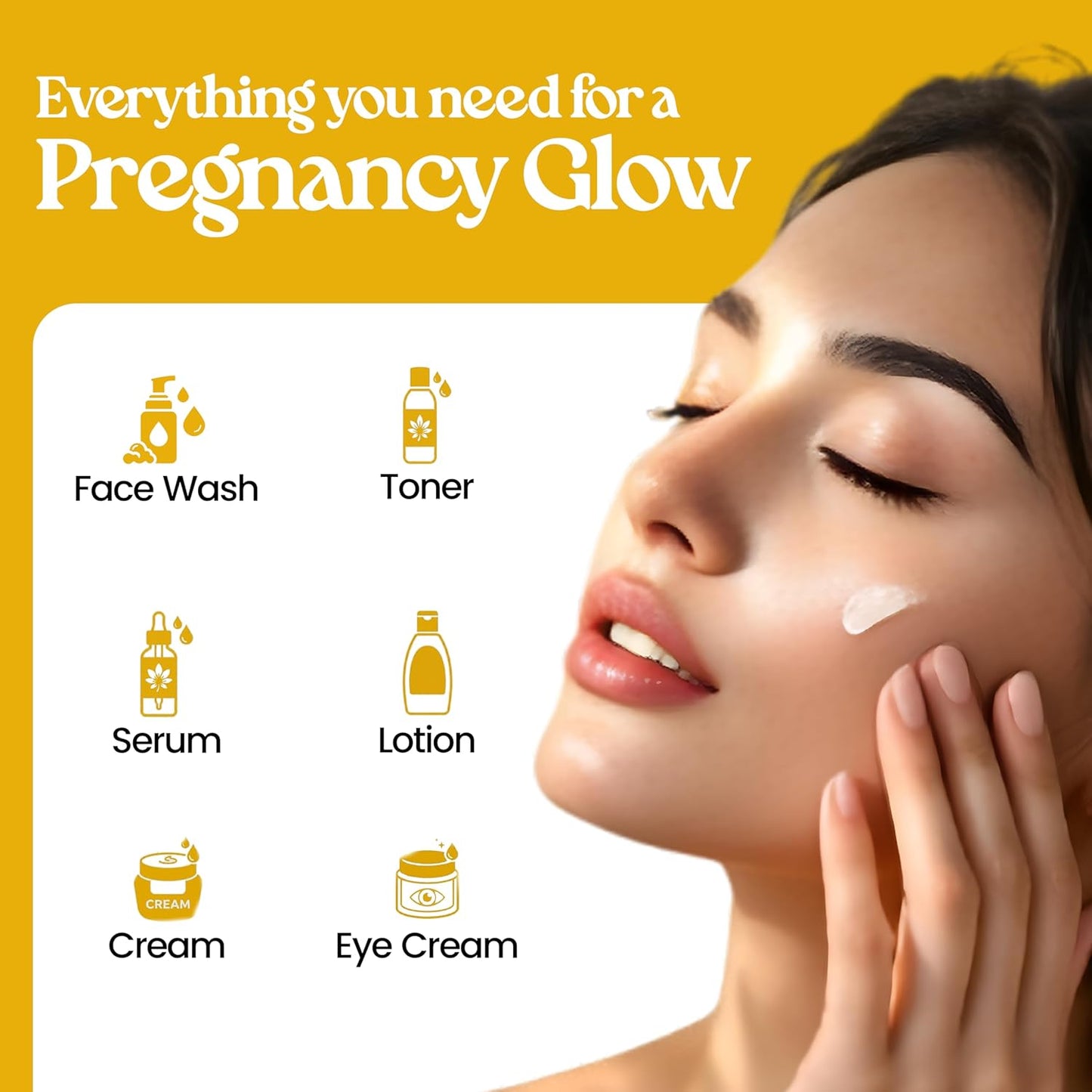 Woman applying cream to her face with a list of pregnancy skincare products on a yellow background