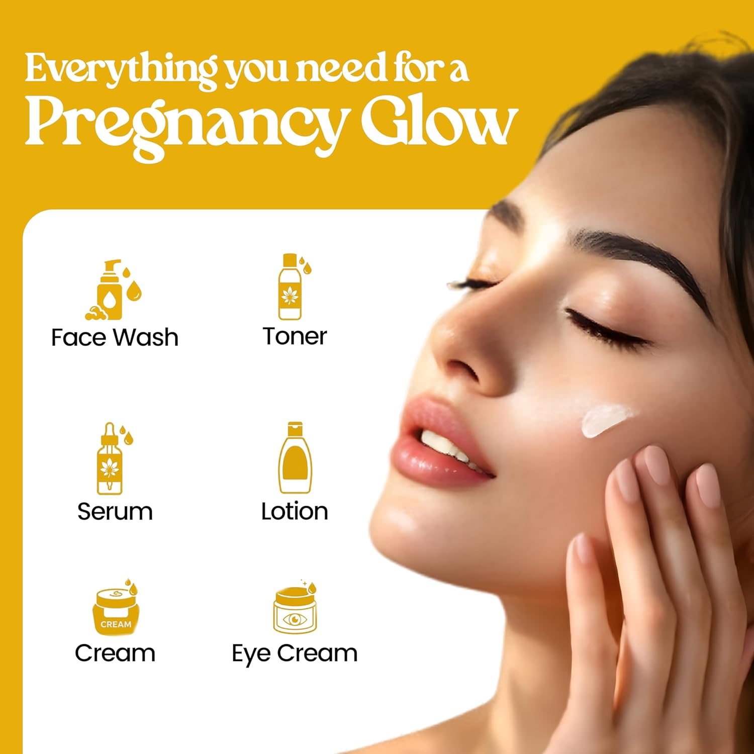 Woman applying cream to her face with a list of pregnancy skincare products on a yellow background