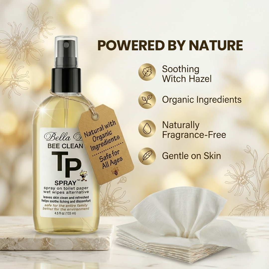 Powered_by_Nature_graphic_for_Bella_B_TP_Spray_highlighting_key_benefits_such_as_soothing_witch_hazel_organic_ingredients_fragrance-free_formula_and_being_gentle_on_skin.