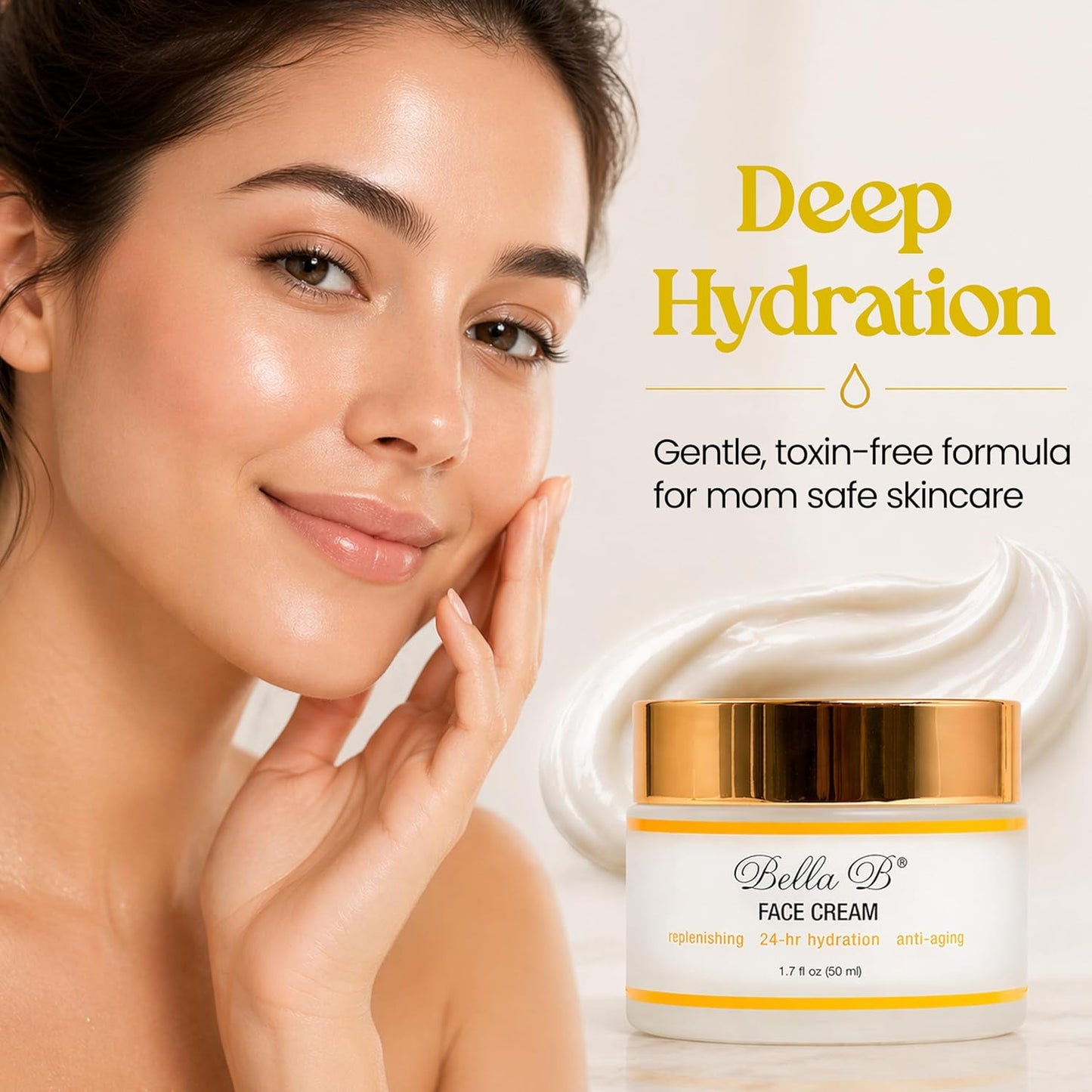 Woman applying cream with Bella B Face Cream jar and text about deep hydration and safe skincare.