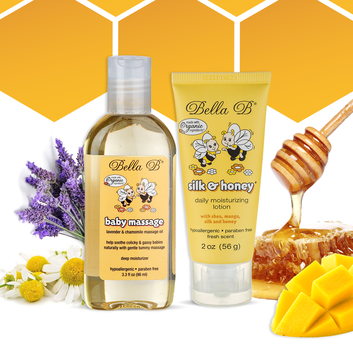 Bella B Bundle Baby Massage Oil 3.3 oz and Silk Honey Baby Lotion 2 oz